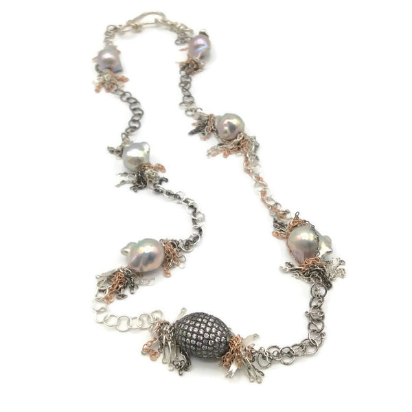 Pave Sapphire Beaded Baroque Pearl Necklace - Van Der Muffin's Jewels