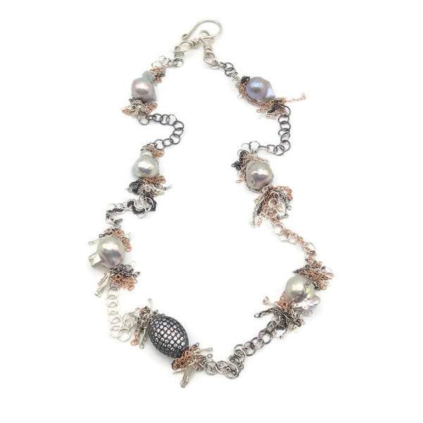 Pave Sapphire Beaded Baroque Pearl Necklace - Van Der Muffin's Jewels