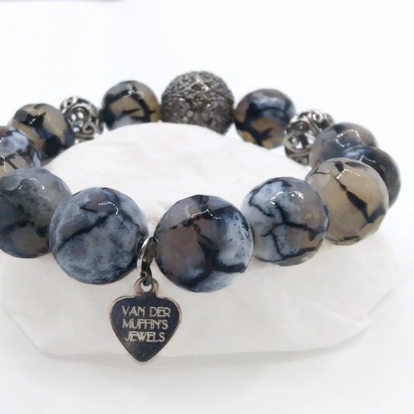 White Sapphire & Botswana Agate Pave Bead Bracelet - Van Der Muffin's Jewels